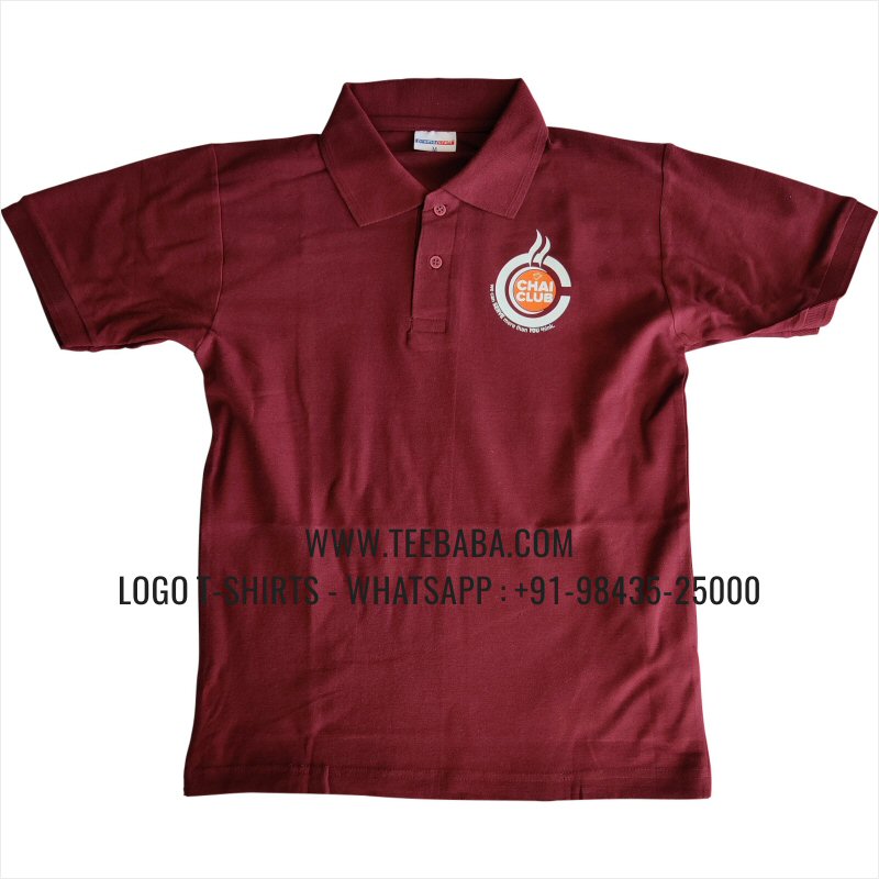 100% Cotton Collar T-Shirt - 220 GSM Thick Pique Fabric - Logo Digital Print - Maroon - Chai Club
