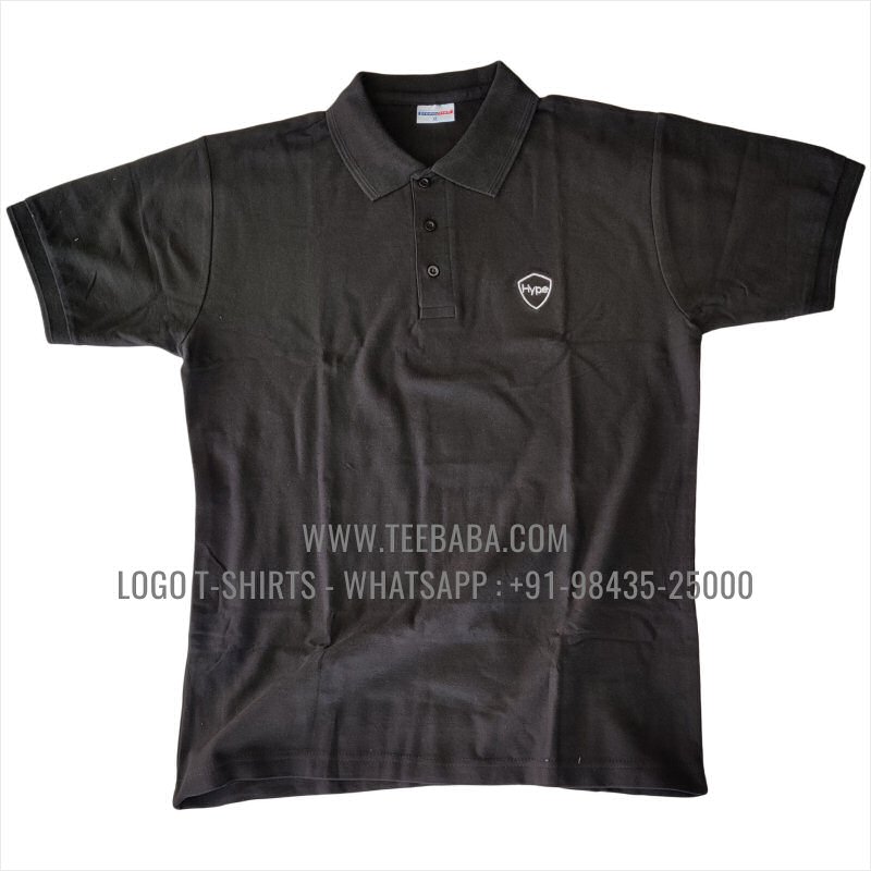 100% Cotton Collar T-Shirt - 220 GSM Thick Pique Fabric - Logo Embroidery - Black - Hype