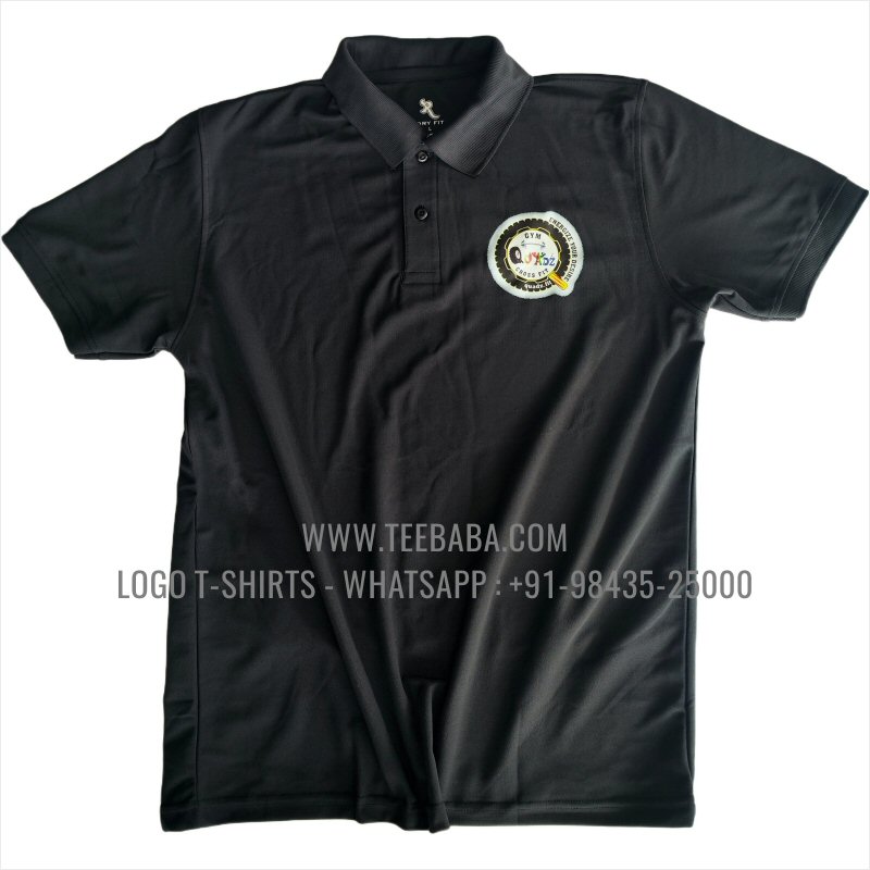100% Polyester Collar T-Shirt - 170 GSM PP Dry Fit Fabric - Logo Digital Print - Black - Quadz Gym