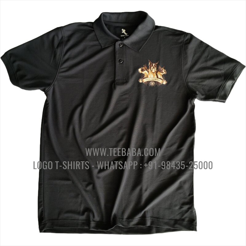100% Polyester Collar T-Shirt - 170 GSM PP Dry Fit Fabric - Logo Digital Print - Black - Royal Pet World