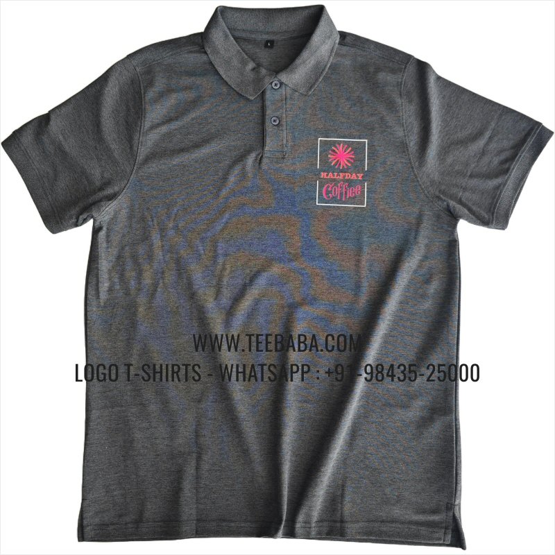 100% Polyester Collar T-Shirt - Mars 200 GSM Quick Dry Fit Fabric - Logo Digital Print - Carbon Grey Melange - Halfday Coffiee