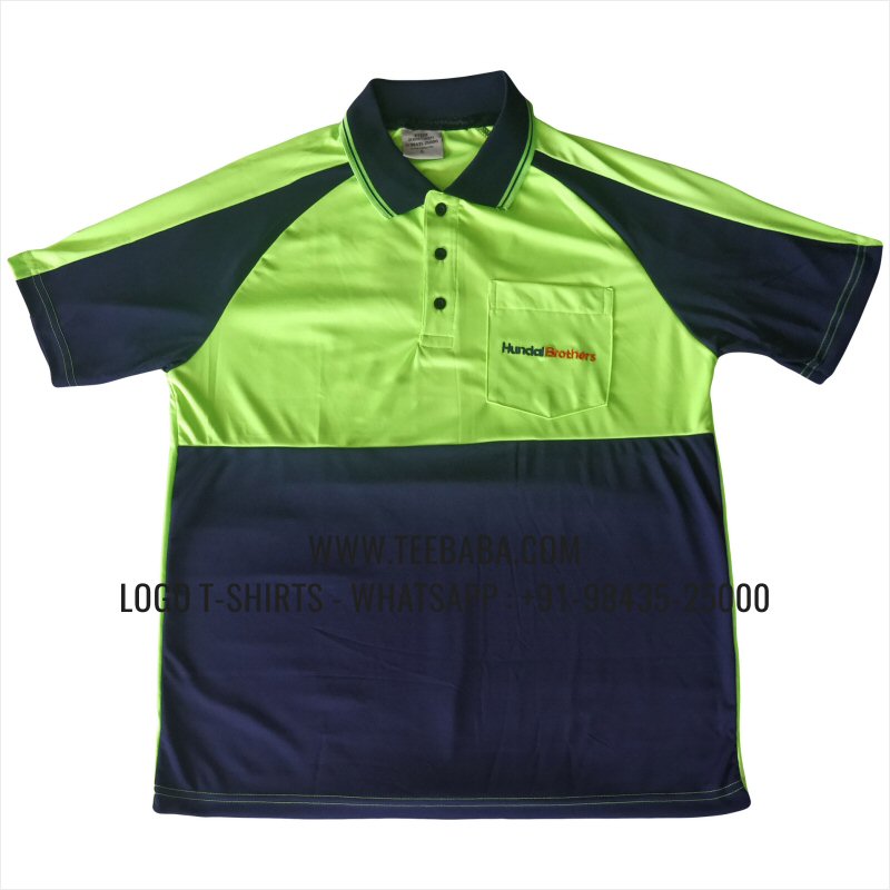 100% Polyester Collar T-Shirt - Pocket - Salina 170 GSM Dry Fit Fabric - Logo Embroidery - Floroscent Green - Navy - Hundal Brothers Australia