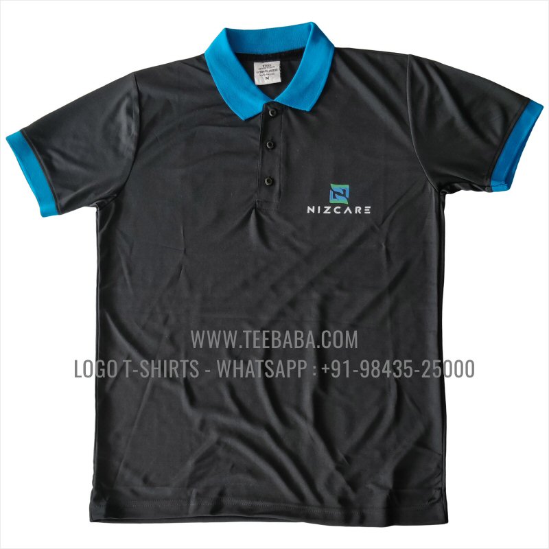 100% Polyester Collar T-Shirt - Salina 170 GSM Dry Fit Fabric - Logo Digital Print - Black - Nizcare