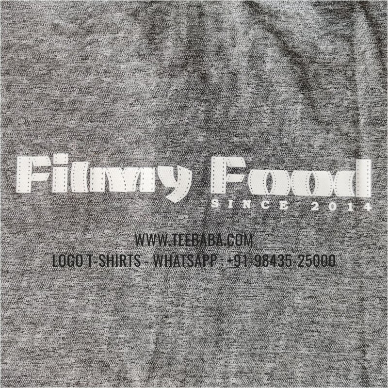 100% Polyester Contrast Collar T-Shirt - Mars 200 GSM Quick Dry Fit Fabric - Logo Digital Print - Black Melange - Filmy Food