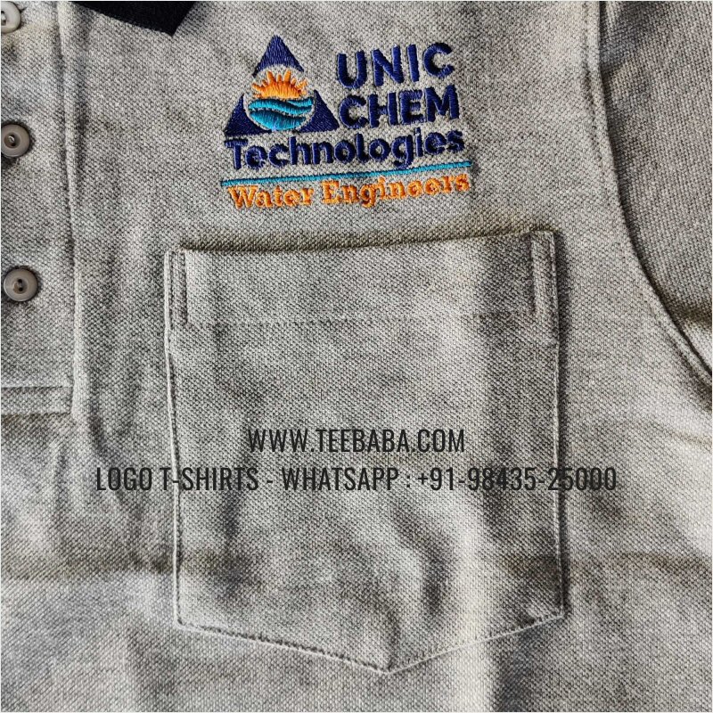 Collar Polo T-Shirt With Pocket - 100% Cotton - 240 GSM Thick Pique Airtex Fabric - Logo Digital Print - Grey Melange - Unic Chem Technologies