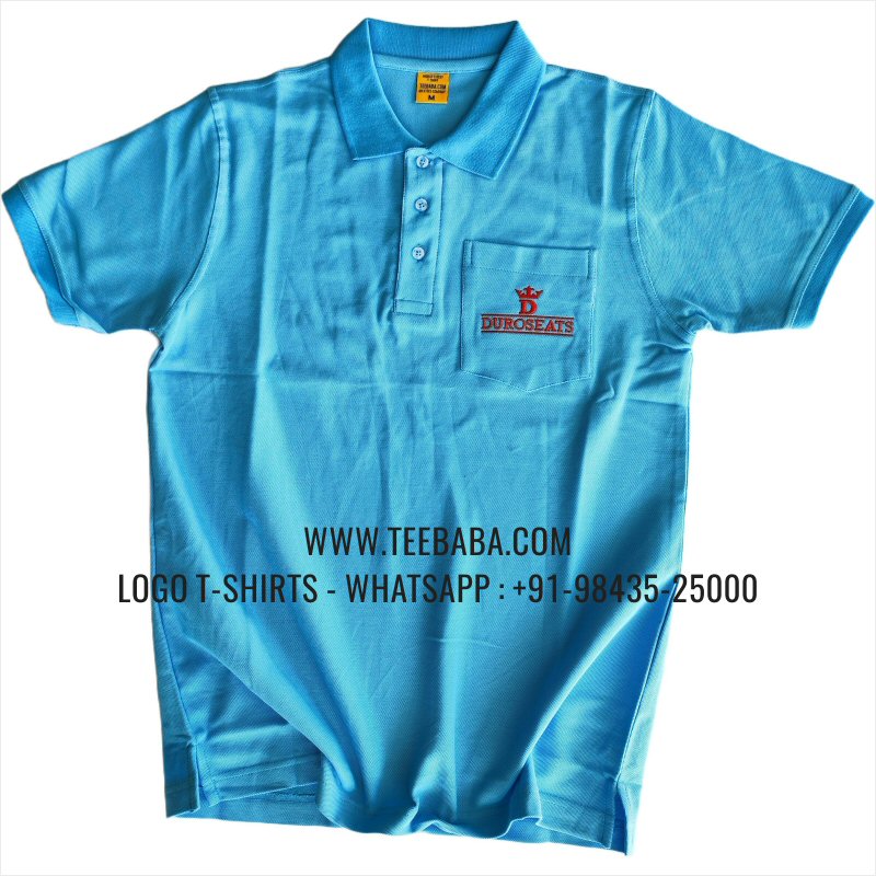 Collar Polo T-Shirt With Pocket - 100% Cotton - 240 GSM Thick Pique Airtex Fabric - Logo Embroidery - Sky Blue - Duroseats