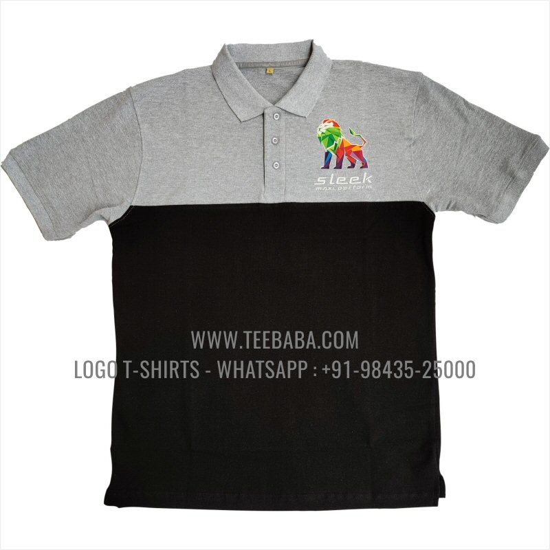 Color Block Collar Polo T-Shirt - 100% Cotton - 240 GSM Thick Pique Airtex Fabric - Logo Digital Print - Grey Melange - Sleek Lubricants