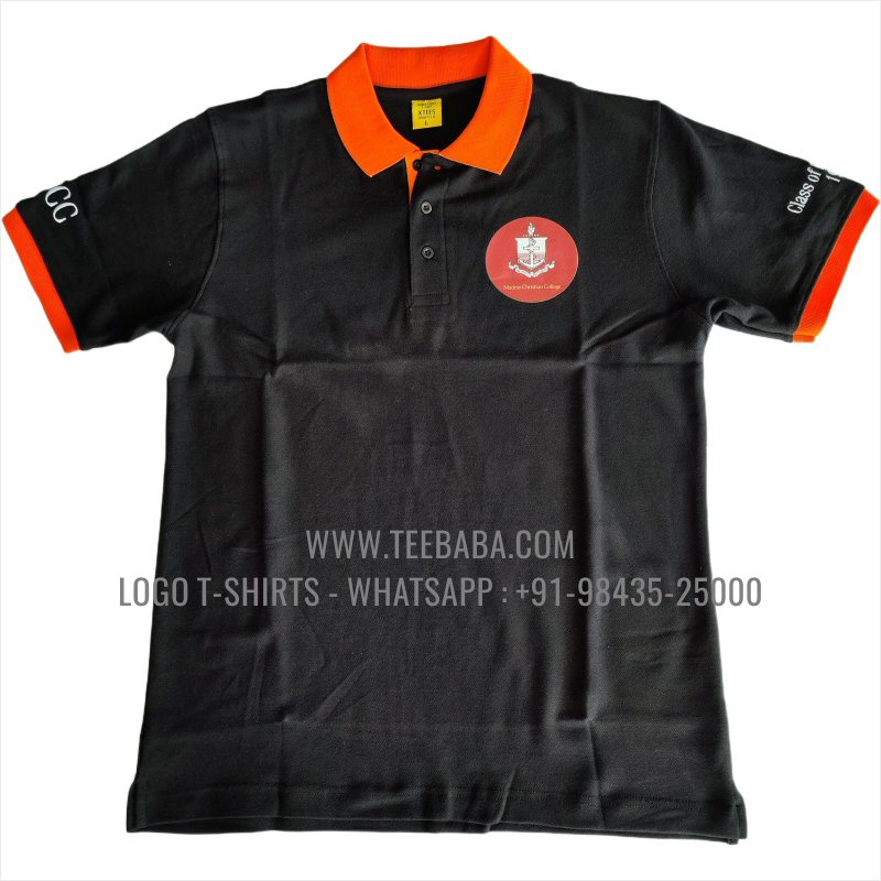 Contrast Collar Polo T-Shirt - 100% Cotton - 240 GSM Thick Pique Airtex Fabric - Logo Digital Print - Black - Madras Christian College