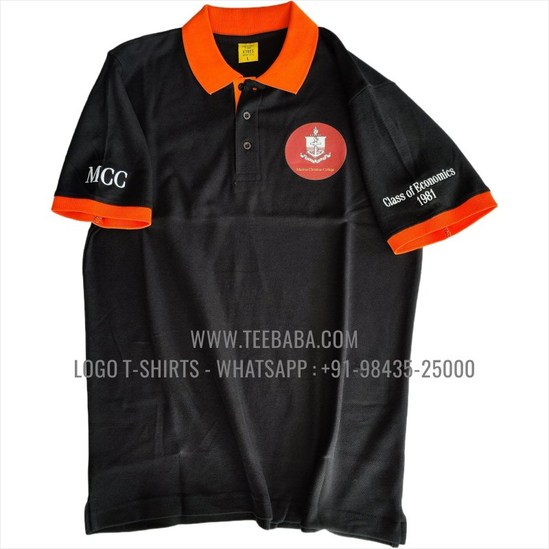 Contrast Collar Polo T-Shirt - 100% Cotton - 240 GSM Thick Pique Airtex Fabric - Logo Digital Print - Black - Madras Christian College