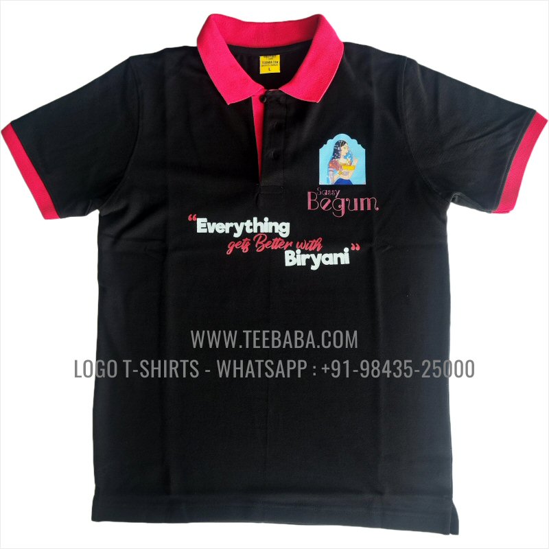 Contrast Collar Polo T-Shirt - 100% Cotton - 240 GSM Thick Pique Airtex Fabric - Logo Digital Print - Black - Sassy Begum
