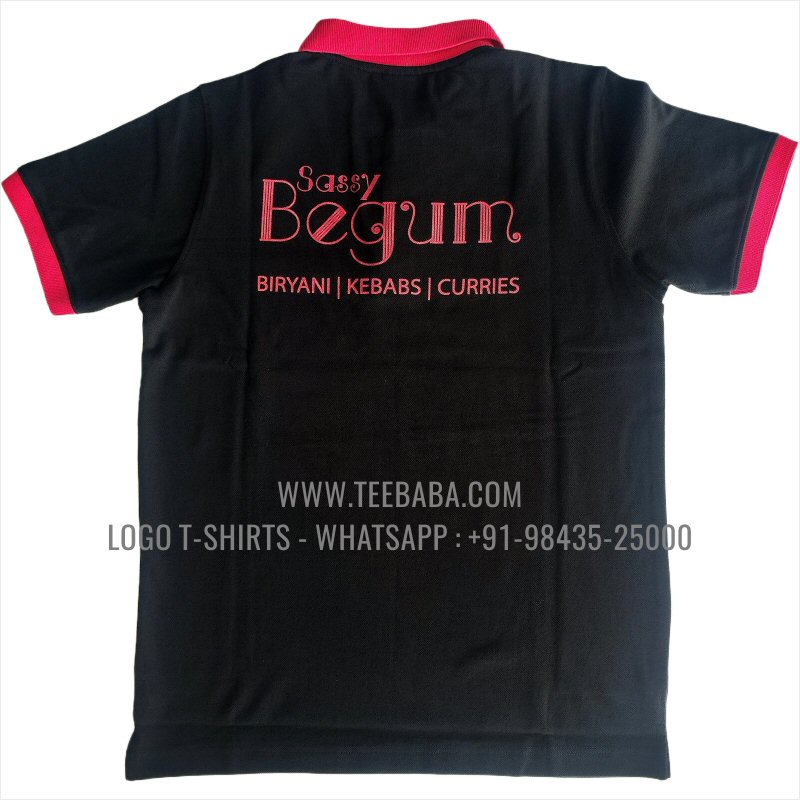 Contrast Collar Polo T-Shirt - 100% Cotton - 240 GSM Thick Pique Airtex Fabric - Logo Digital Print - Black - Sassy Begum