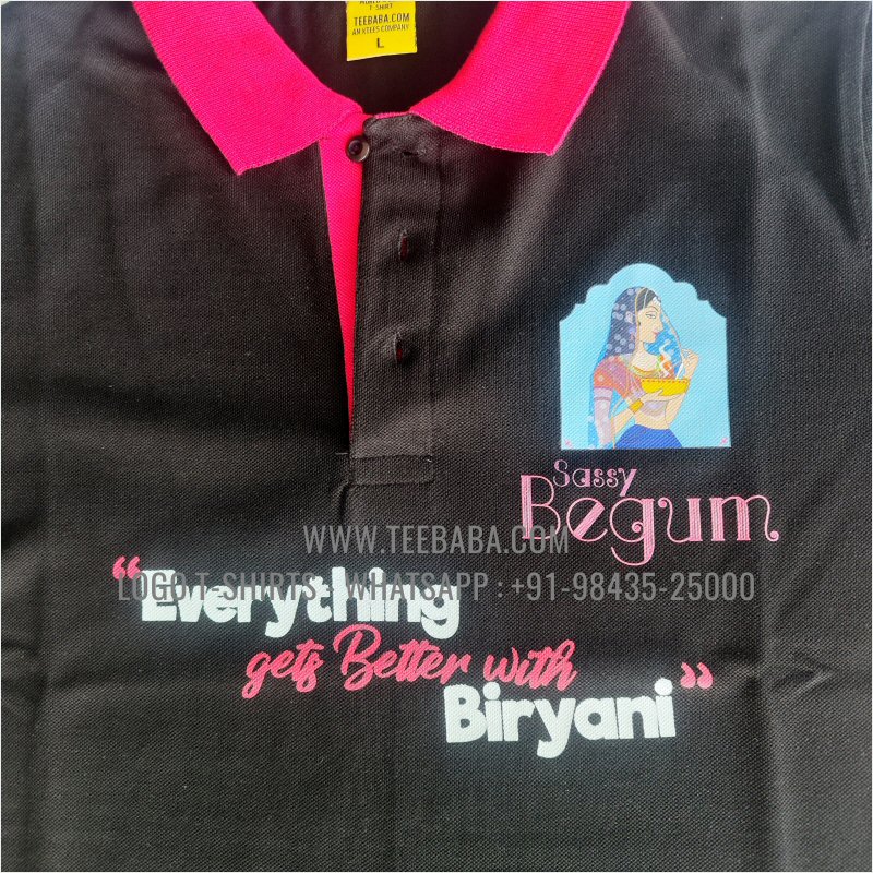 Contrast Collar Polo T-Shirt - 100% Cotton - 240 GSM Thick Pique Airtex Fabric - Logo Digital Print - Black - Sassy Begum