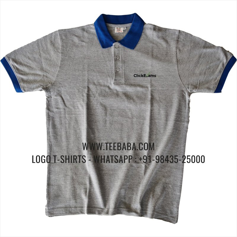Contrast Collar Polo T-Shirt - 100% Cotton - 240 GSM Thick Pique Airtex Fabric - Logo Digital Print - Grey Melange - Click Exams