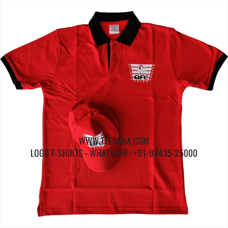 Contrast Collar Polo T-Shirt - 100% Cotton - 240 GSM Thick Pique Airtex Fabric - Logo Digital Print - Red - QFC Quilon Fried Chicken