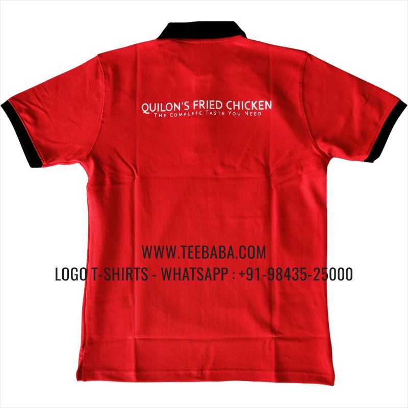 Contrast Collar Polo T-Shirt - 100% Cotton - 240 GSM Thick Pique Airtex Fabric - Logo Digital Print - Red - QFC Quilon Fried Chicken