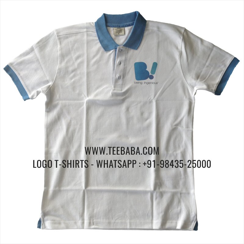Contrast Collar Polo T-Shirt - 100% Cotton - 240 GSM Thick Pique Airtex Fabric - Logo Digital Print - White - Being Ingenious