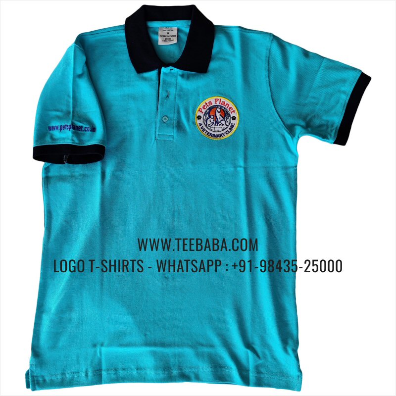 Contrast Collar Polo T-Shirt - 100% Cotton - 240 GSM Thick Pique Airtex Fabric - Logo Embroidery - Digtal Print - Aqua Blue - Pets Planet
