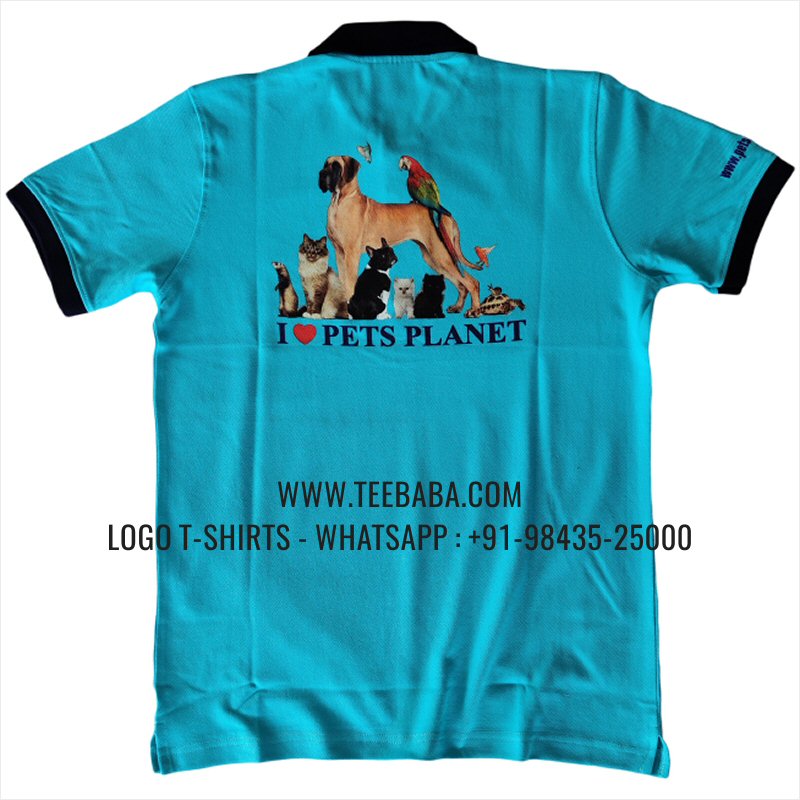 Contrast Collar Polo T-Shirt - 100% Cotton - 240 GSM Thick Pique Airtex Fabric - Logo Embroidery - Digtal Print - Aqua Blue - Pets Planet