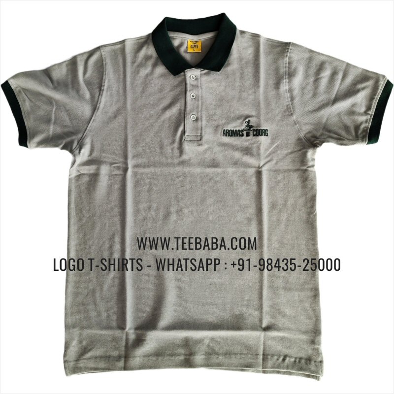 Contrast Collar Polo T-Shirt - 100% Cotton - 240 GSM Thick Pique Airtex Fabric - Logo Embroidery - Light Grey - Aromas Of Coorg