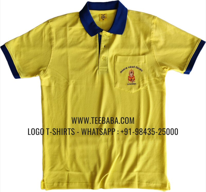 Contrast Collar Polo T-Shirt - Pocket - 100% Cotton - 240 GSM Thick Pique Airtex Fabric - Logo Digital Print - Lemon Yellow - Angal Eswari Kovil