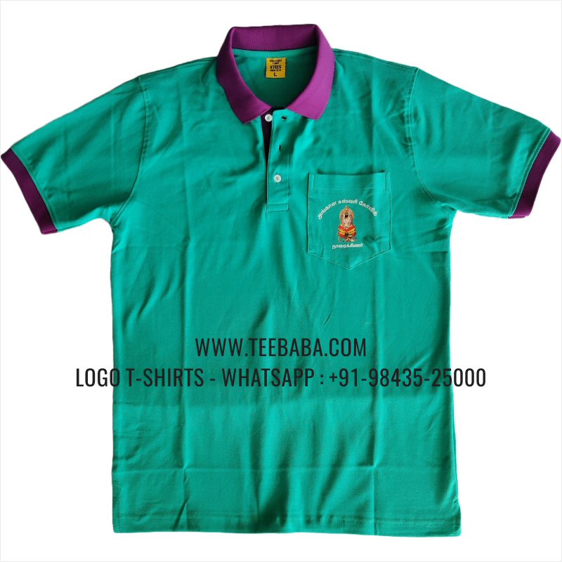 Contrast Collar Polo T-Shirt - Pocket - 100% Cotton - 240 GSM Thick Pique Airtex Fabric - Logo Digital Print - Mint Green - Angal Eswari Kovil