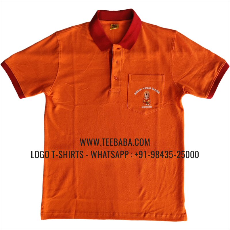 Contrast Collar Polo T-Shirt - Pocket - 100% Cotton - 240 GSM Thick Pique Airtex Fabric - Logo Digital Print - Orange - Angal Eswari Kovil