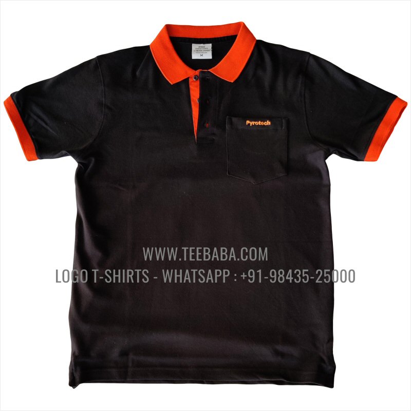Contrast Collar Polo T-Shirt - Pocket - 100% Cotton - 240 GSM Thick Pique Airtex Fabric - Logo Embroidery - Black - Pyrotech