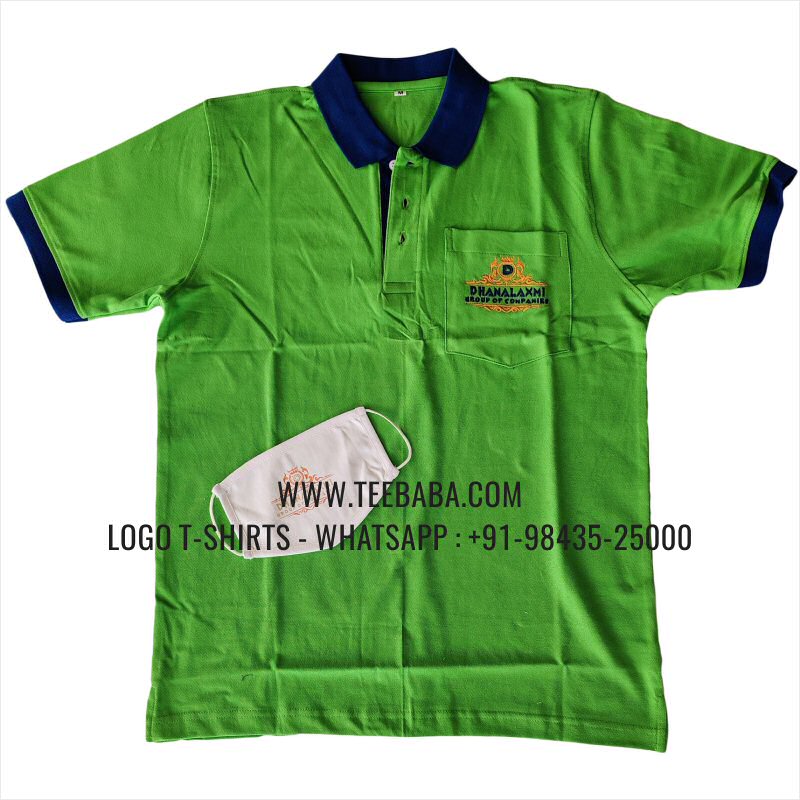 Contrast Collar Polo T-Shirt - Pocket - 100% Cotton - 240 GSM Thick Pique Airtex Fabric - Logo Embroidery - Parrot Green - Dhanalaxmi Group