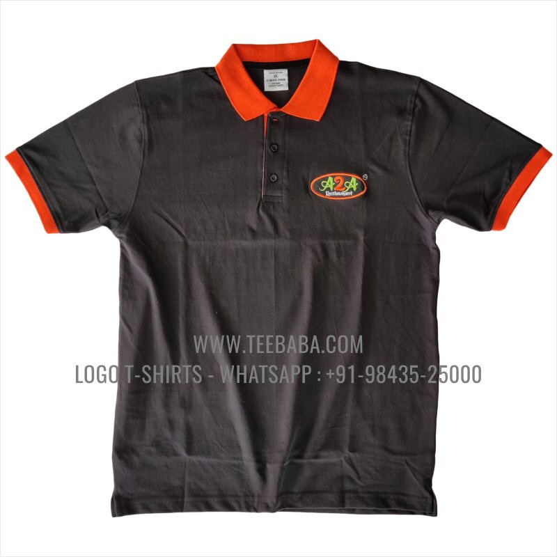 Contrast Collar Polo T-Shirt - Pocket - 100% Cotton - 240 GSM Thick Pique Airtex Fabric - Logo Embroidery Print - Black - A2A Restaurant