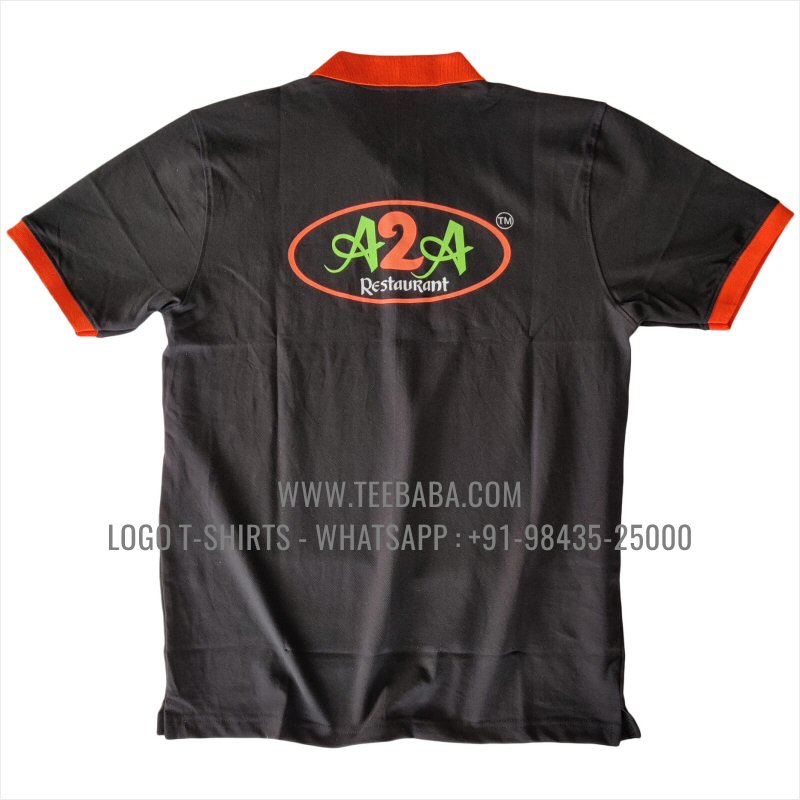 Contrast Collar Polo T-Shirt - Pocket - 100% Cotton - 240 GSM Thick Pique Airtex Fabric - Logo Embroidery Print - Black - A2A Restaurant