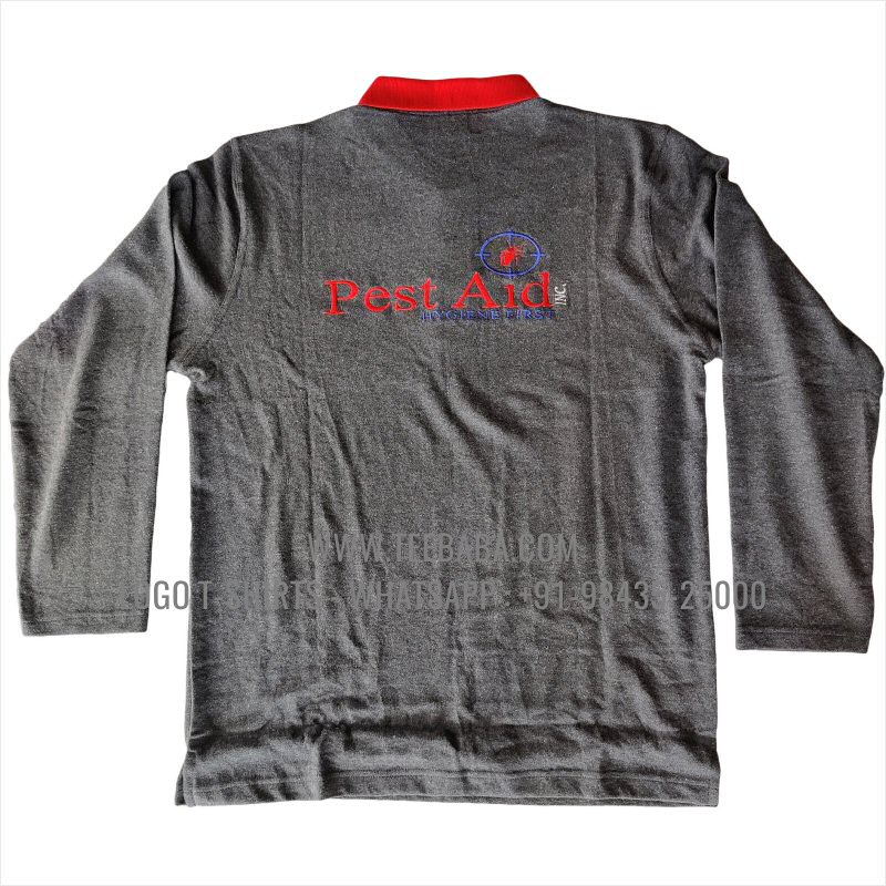 Full Sleeve Collar Polo T-Shirt - 100% Cotton - 240 GSM Thick Pique Airtex Fabric - Logo Embroidery - Charcoal Melange - Pest Aid