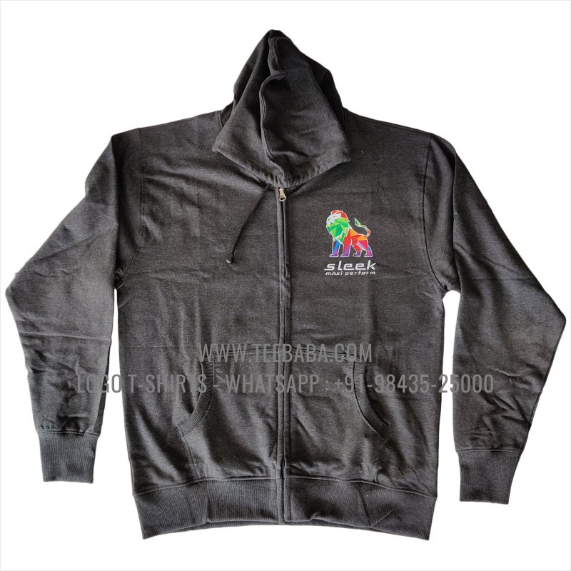 Full Zipper Hoodie With Pocket - 100% Cotton - 300 GSM Fleece Fabric - Logo Digital Print - Charcoal Melange - Sleek