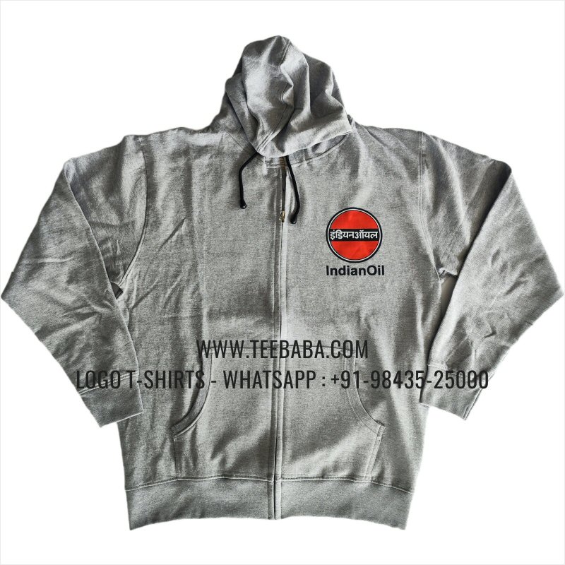 Full Zipper Hoodie With Pocket - 100% Cotton - 300 GSM Fleece Fabric - Logo Digital Print - Grey Melange Melange - Indian Oil