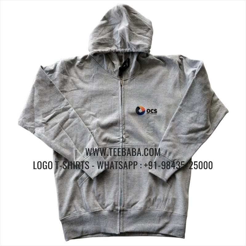 Full Zipper Hoodie With Pocket - 100% Cotton - 300 GSM Fleece Fabric - Logo Digital Print - Grey Melange Melange - OCS