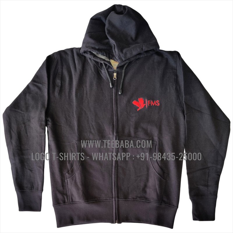 Full Zipper Hoodie With Pocket - 100% Cotton - 300 GSM Fleece Fabric - Logo Embroidery - Black - FMS