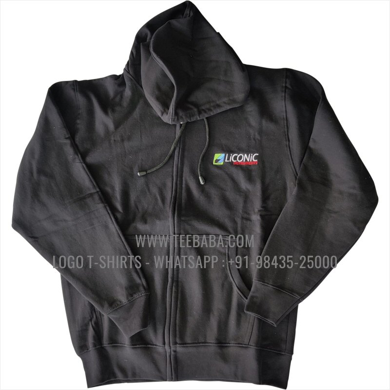 Full Zipper Hoodie With Pocket - 100% Cotton - 300 GSM Fleece Fabric - Logo Embroidery - Black - Liconic Instruments