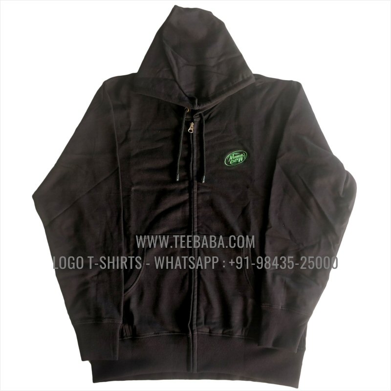 Full Zipper Hoodie With Pocket - 100% Cotton - 300 GSM Fleece Fabric - Logo Embroidery - Black - Mountain Dew