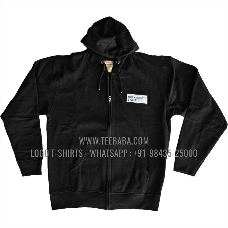 Full Zipper Hoodie With Pocket - 100% Cotton - 300 GSM Fleece Fabric - Logo Embroidery - Black - Rackware Swift