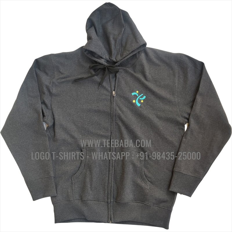 Full Zipper Hoodie With Pocket - 100% Cotton - 300 GSM Fleece Fabric - Logo Embroidery - Charcoal Melange