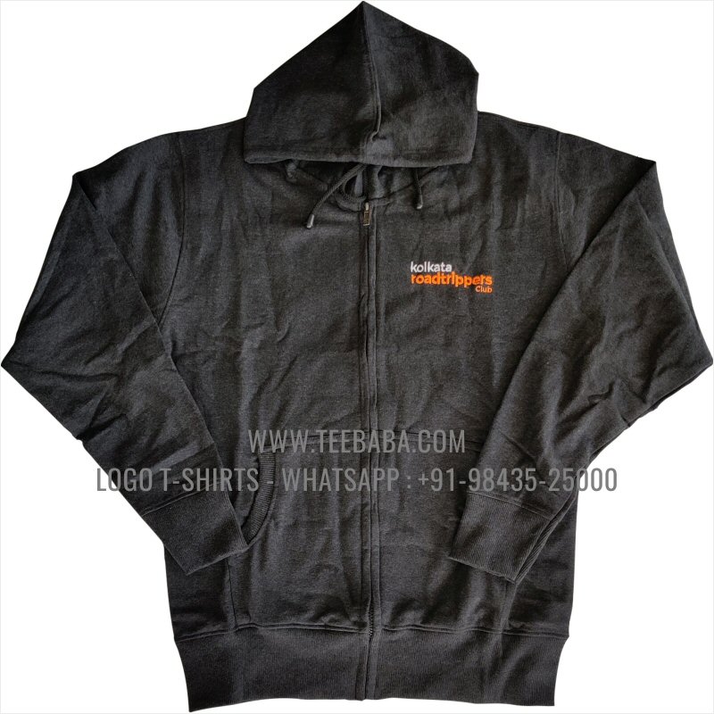 Full Zipper Hoodie With Pocket - 100% Cotton - 300 GSM Fleece Fabric - Logo Embroidery - Charcoal Melange - Kolkatta Roadtrippers