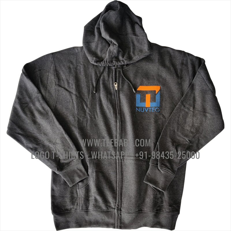 Full Zipper Hoodie With Pocket - 100% Cotton - 300 GSM Fleece Fabric - Logo Embroidery - Charcoal Melange - Nuvteq