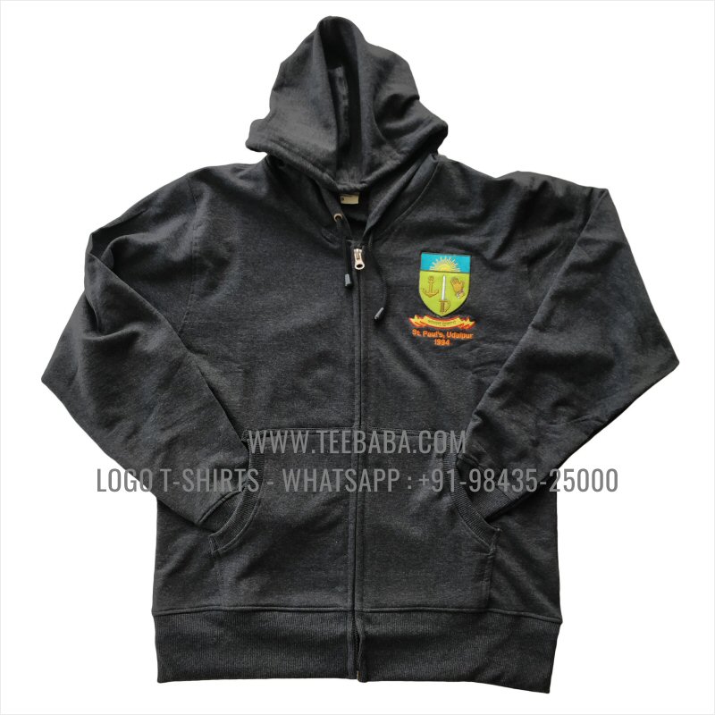 Full Zipper Hoodie With Pocket - 100% Cotton - 300 GSM Fleece Fabric - Logo Embroidery - Charcoal Melange - St Pauls Udaipur