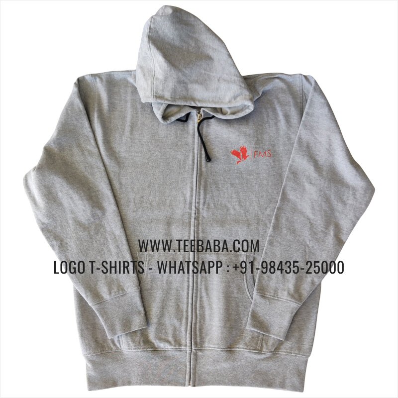 Full Zipper Hoodie With Pocket - 100% Cotton - 300 GSM Fleece Fabric - Logo Embroidery - Grey Melange - FMS