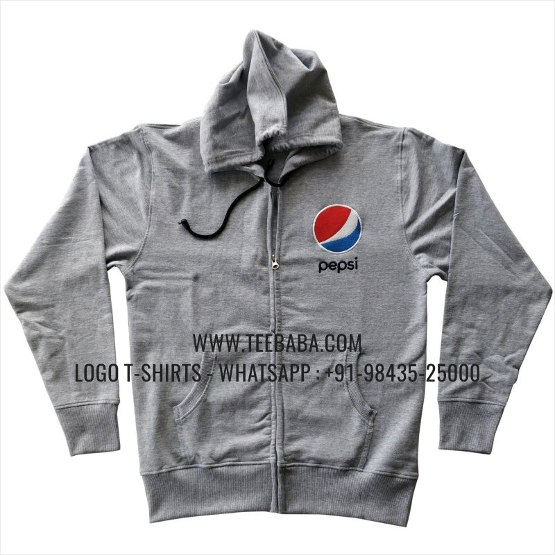 Full Zipper Hoodie With Pocket - 100% Cotton - 300 GSM Fleece Fabric - Logo Embroidery - Grey Melange - Pepsi