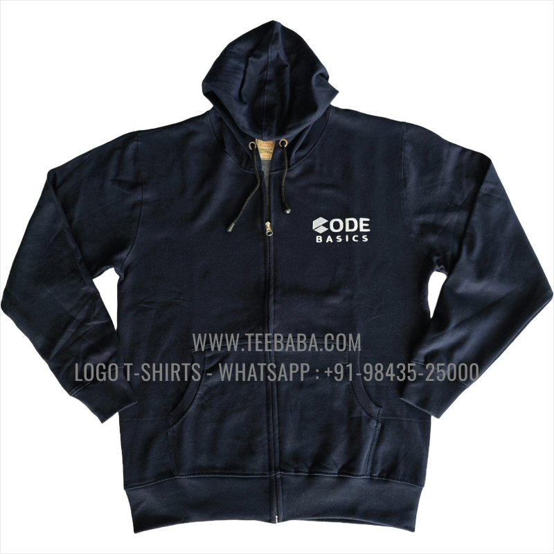 Full Zipper Hoodie With Pocket - 100% Cotton - 300 GSM Fleece Fabric - Logo Embroidery - Navy - Code Basics
