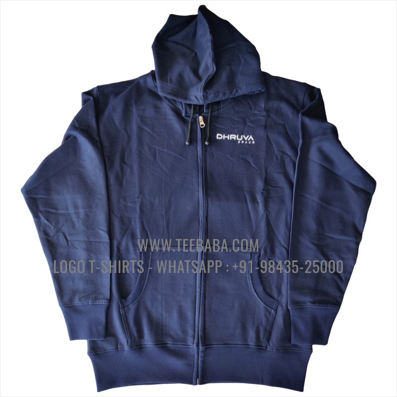 Full Zipper Hoodie With Pocket - 100% Cotton - 300 GSM Fleece Fabric - Logo Embroidery - Navy - Dhruva Space