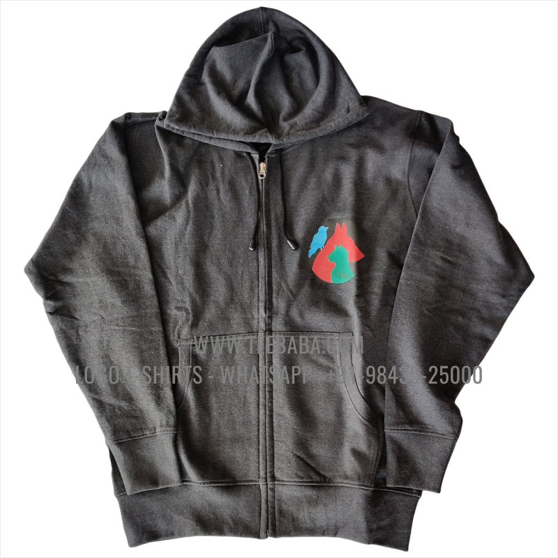 Full Zipper Hoodie With Pocket - 100% Cotton - 300 GSM Fleece Fabric - Logo Embroidery Print - Charcoal Melange
