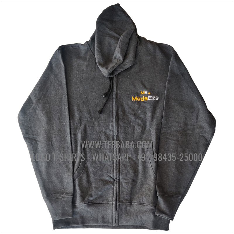 Full Zipper Hoodie With Pocket - 100% Cotton - 300 GSM Fleece Fabric - Logo Embroidery Print - Charcoal Melange - MedsEze