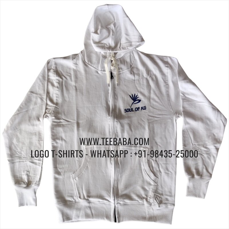 Full Zipper Hoodie With Pocket - 100% Cotton - 300 GSM Fleece Fabric - Logo Embroidery - White - Soul Of Kg