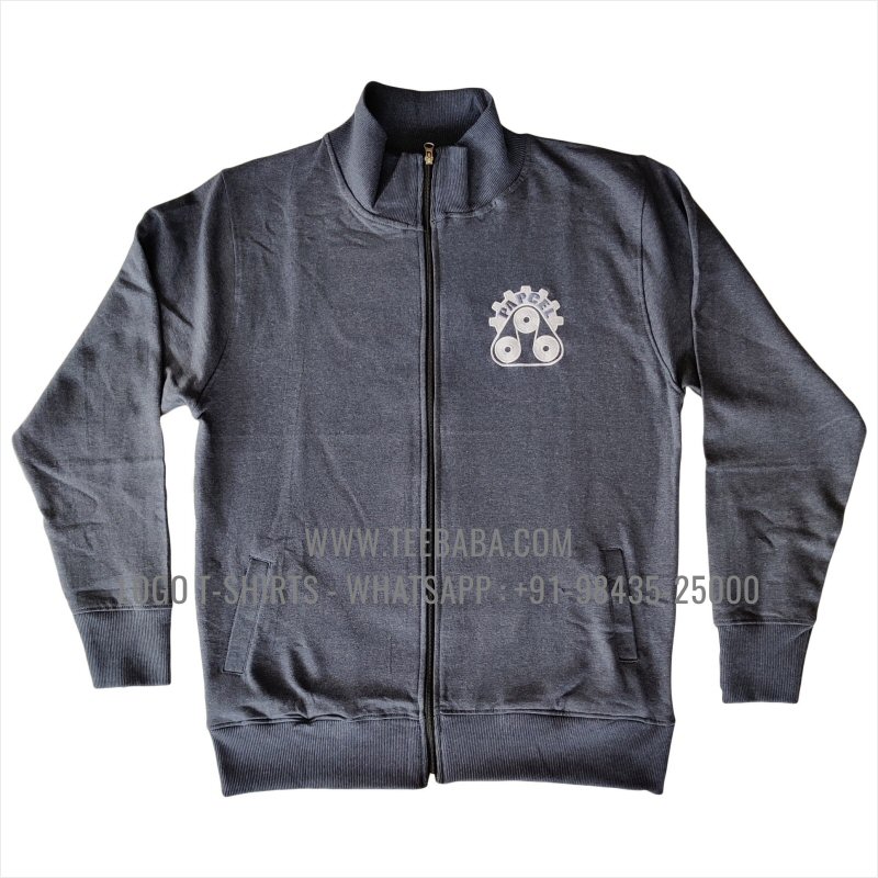 High Neck Full Zipper Sweatshirt - 100% Cotton - 300 GSM Fleece - Logo Embroidery - Navy Melange - Papcel